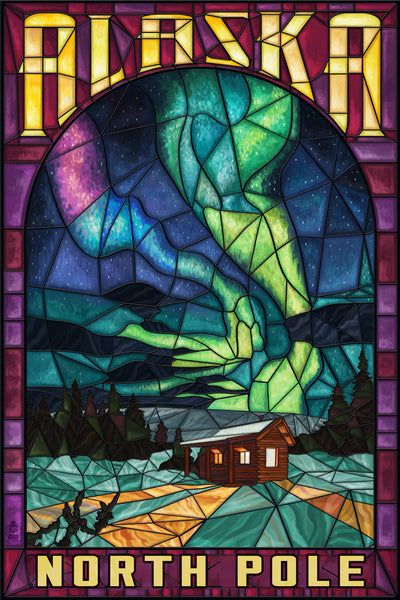 North Pole, Alaska - Cabin and Northern Lights - Stained Glass - Lantern Press Postcard