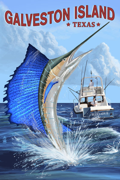 Galveston Island, Texas - Sailfish Deep Sea Fishing - Lantern Press Postcard