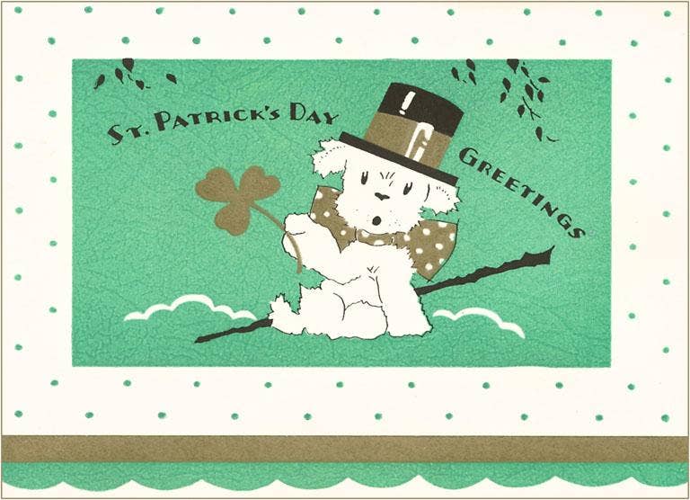 St. Patricks Day Greetings, Puppy and Shamrock - Vintage Image, Postcard