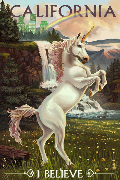 California - Unicorn - I Believe - Lantern Press Postcard