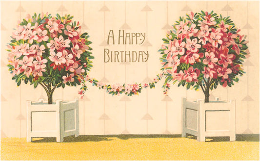 Happy Birthday Flowery Trees - Vintage Image - Found Image postcard