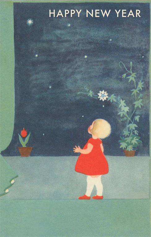 Happy New Year, Little Girl Watching Sky- Vintage Image - Found Image postcard