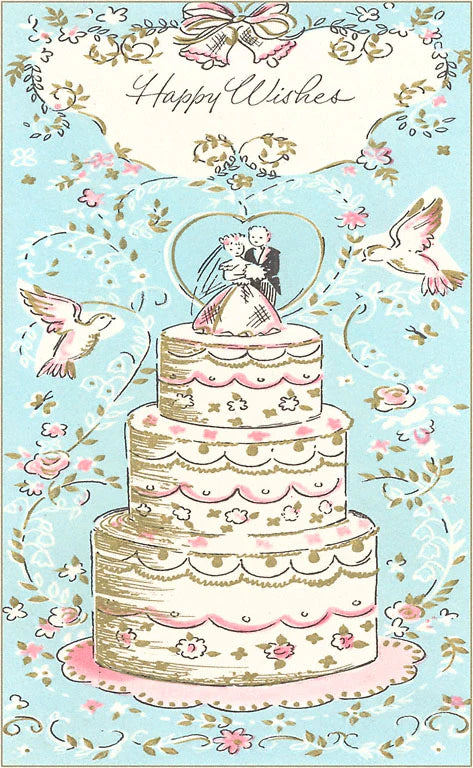 Happy Wishes, Wedding Cake - Vintage Image - Found Image postcard