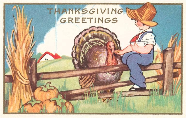 Child on Fence Feeding Turkey - Vintage Image, Postcard